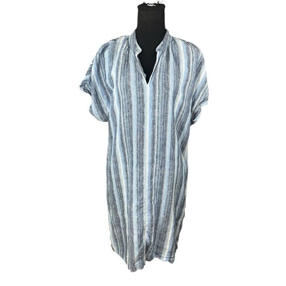 Lands End 100% LINEN STRIPED SIDE POCKETS SHORT SLEEVE SIDE SLITS DRESS Medium - Picture 2 of 11
